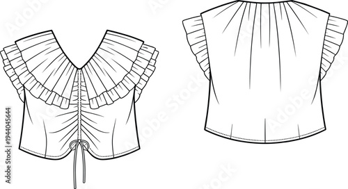 Flat fashion technical sketch of women's ruffle sleeve blouse with v-neckline and drawstring hem, front and back cad illustration