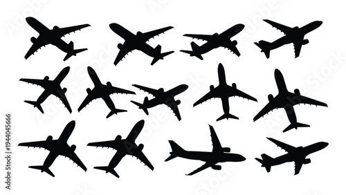 A formation of airplanes flying in the sky, a collection of aircraft silhouettes in various flight positions and angles, showcasing aviation and flight