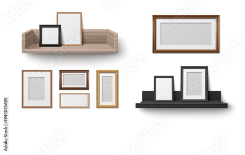 Realistic wooden shelf with empty frames mockup, vector illustrations. Product display elements, home white wall decor or retail exhibition with blank picture borders. 3D furniture with wood texture