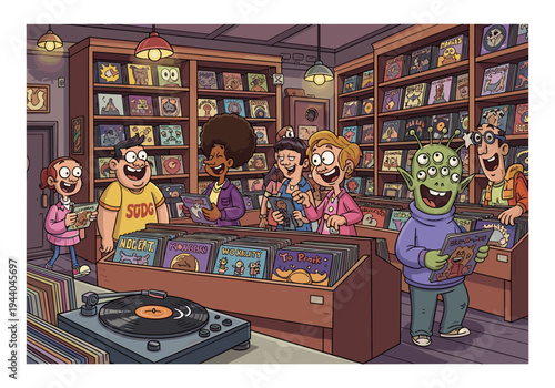 Diverse group of people and an alien happily browsing records in a vintage vinyl store
