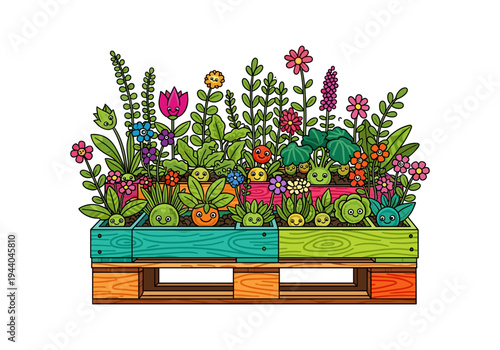 Cute cartoon vegetables and flowers growing happily in colorful raised garden beds on a pallet