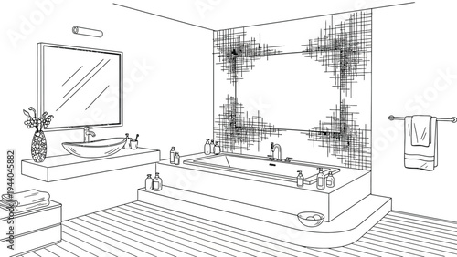 Luxurious bathroom interior with freestanding bathtub, vanity sink, mirror, and tiled accent wall, modern design and elegant aesthetic