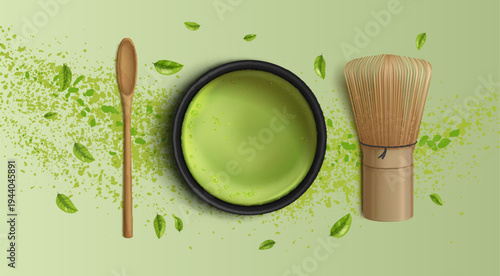 Green matcha tea, vector background with powder splash, realistic texture and leaf elements. Asian cuisine poster with bamboo whisk and spoon, menu and traditional Japanese beverage illustration