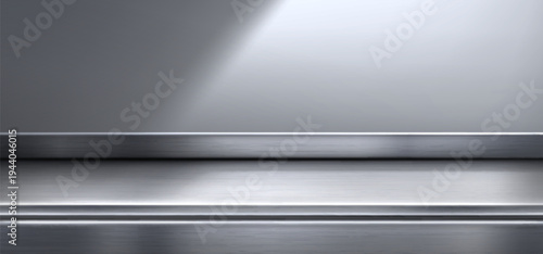 Stainless steel kitchen surface with shiny metal texture. Vector realistic illustration of empty countertop background or shelf for product presentation, glossy silver tabletop with light shadow
