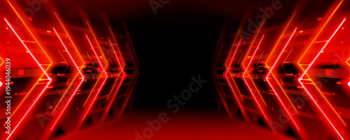 Neon red arrow dynamic tunnel with perspective and glowing lights, abstract vector background. Futuristic tech dark pathway with laser effect, cyber border, electric stage frame