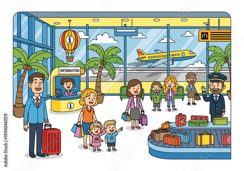 Diverse group of people at airport terminal with luggage and airplane taking off