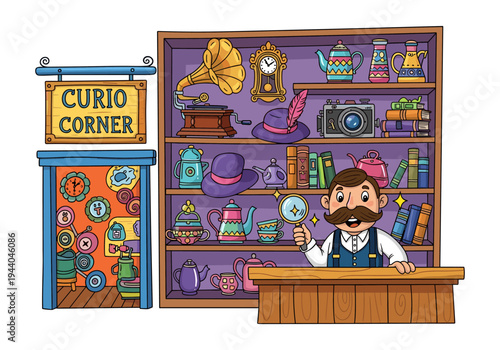 Charming cartoon shopkeeper with magnifying glass in a curio shop filled with antiques