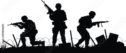 Silhouette of armed soldiers advancing with rifles in combat formation behind barbed wire isolated on white background for military warfare concepts