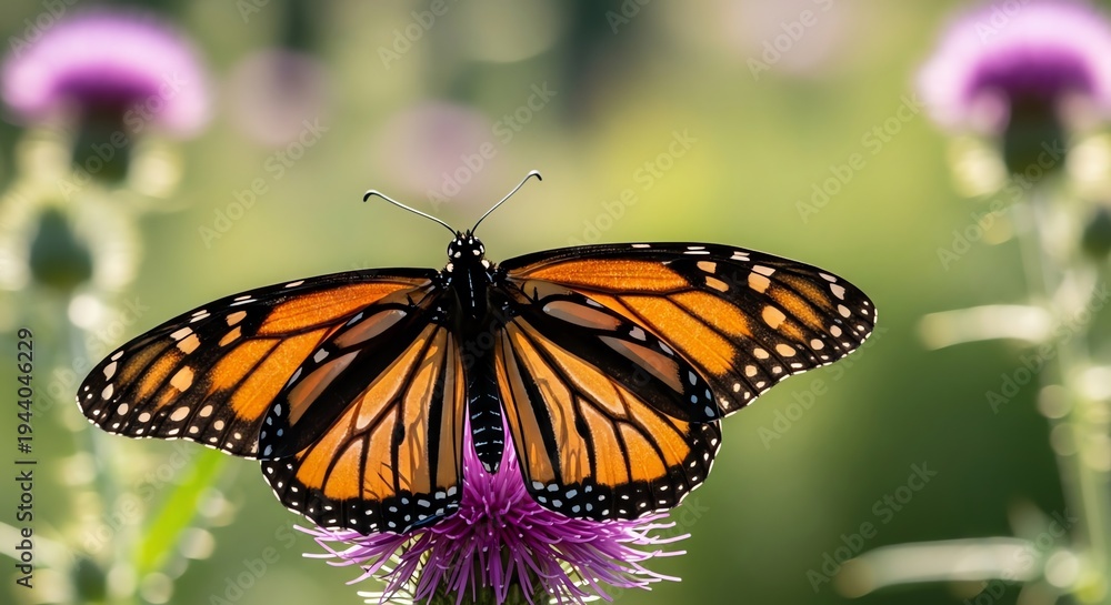 Obraz premium Stunning monarch butterfly resting on a thistle flower with a soft green bokeh background
