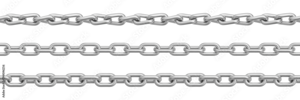 Fototapeta premium Silver chain links, seamless metal pattern with realistic steel texture, vector set isolated on white background. Jewelry design, necklace illustrations, iron border elements, frame collection