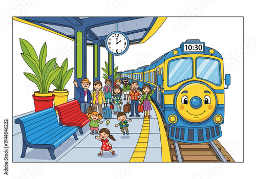 Happy cartoon family and children waiting for a train at the station with luggage