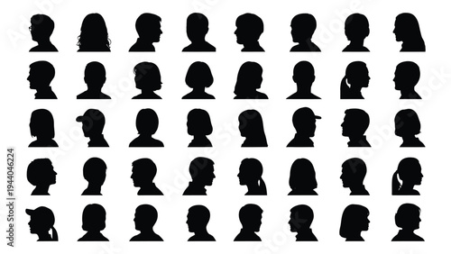 Collection of diverse human silhouettes in various hairstyles and angles on a white background