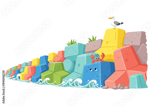Cute cartoon tetrapods and dolosse breakwater with crab and seagull on white background