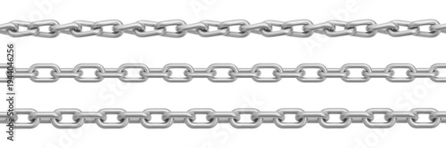 Silver chain links, seamless metal pattern with realistic steel texture, vector set isolated on white background. Jewelry design, necklace illustrations, iron border elements, frame collection