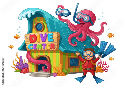 Cartoon dive center with friendly octopus and happy diver ready for underwater adventure