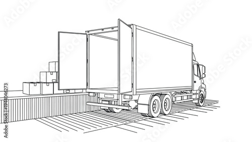 Delivery truck at loading dock with open doors and stacked boxes, logistics and transportation of goods, warehouse and shipping operations