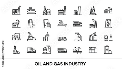 Oil and Gas Industry Line Icons Featuring Offshore Rigs, Refineries, Fuel Tankers, and Petroleum Processing Plant Symbols.