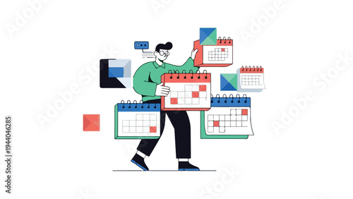 Illustration of a man organizing multiple calendars and digital devices in a colorful graphic.