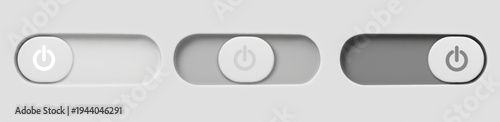 3D toggle switch with realistic shadow and neumorphic design. Grey slider button with start icon for UI interface, apps and web controls with smooth switching action.