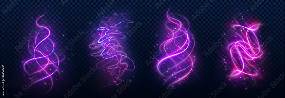 Fototapeta premium Magic smoke swirls with glowing light effects, fantasy spell design elements, vector set isolated on transparent background. Neon sparkles with purple mystical energy trails, shining particles