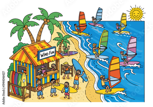 Cartoon beach scene with people windsurfing and a surf shop called Wind Fun