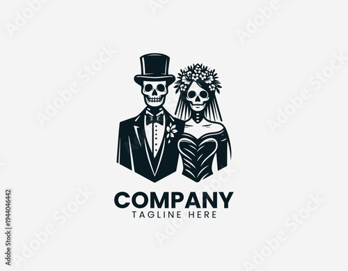 Skeleton bride and groom wedding couple in clean modern gothic romance vector illustration