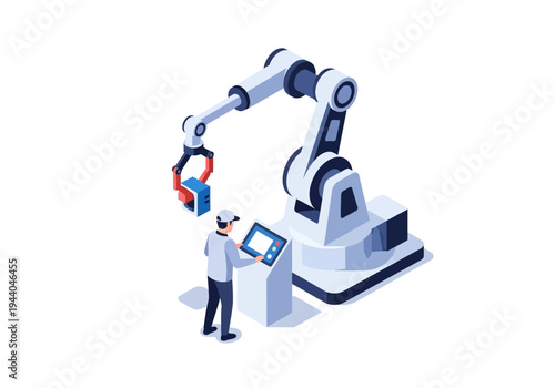 Automated Robotic Arm in a Manufacturing Facility, Controlled by a Technician