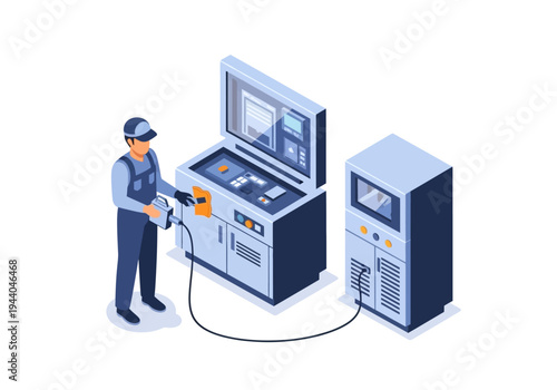 Industrial technician operating advanced machinery and control panel in a modern manufacturing facility