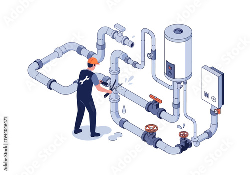 Plumbing System Maintenance and Repair with a Worker in a Schematic Illustration