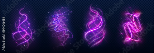 Magic smoke swirls with glowing light effects, fantasy spell design elements, vector set isolated on transparent background. Neon sparkles with purple mystical energy trails, shining particles
