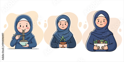 Muslim woman in hijab enjoying healthy lifestyle with food and plants