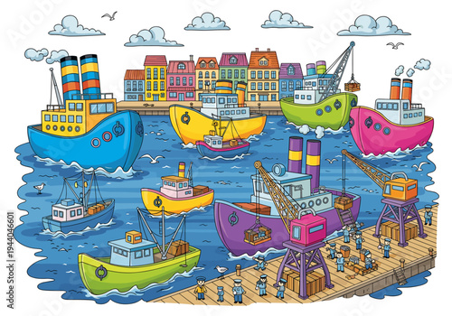 Colorful cartoon harbor scene with various boats and buildings, bustling with activity