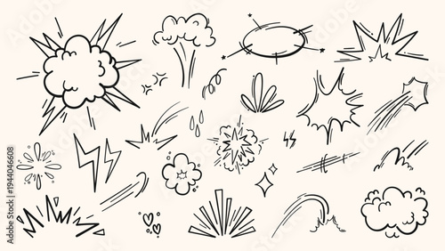 Dynamic comic book action emphasis with explosive cartoon effects, vector set isolated on white. Super hero power line icons, motion burst elements, doodle manga illustrations, anime pattern