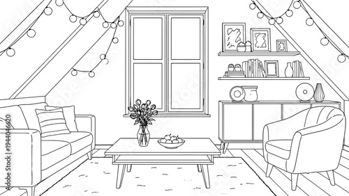 Cozy attic living room line illustration with sloped ceiling wooden beams comfortable sofa coffee table armchair and decorative hanging light strings