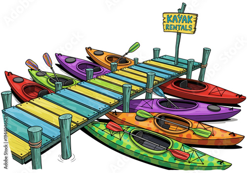 Colorful kayaks lined up at a dock with a "Kayak Rentals" sign, ready for adventure