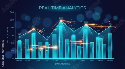 chart of investment financial data line graphs in vibrant neon blue, set against a dark, technical grid background symbolizing cloud computing and data analysis.