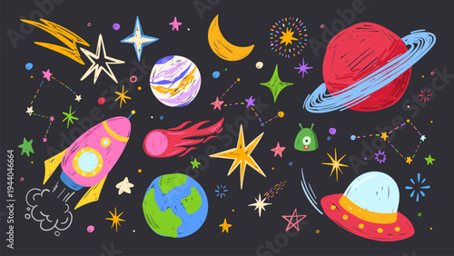 Crayon hand drawn space doodles with planets, alien and rocket, cartoon vector set isolated on black. Childlike cosmic sketches of Earth, moon, and colorful galaxy elements for kids universe designs