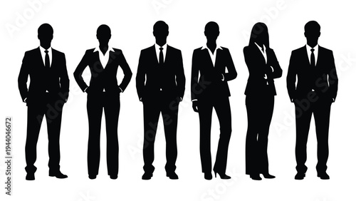 A group of business professionals standing together in a line, representing teamwork and collaboration in a corporate setting with a focus on leadership and partnership