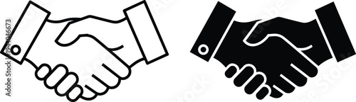 Business handshake icons in outline and glyph styles representing partnership agreement cooperation success deal and professional contract teamwork in vector format.