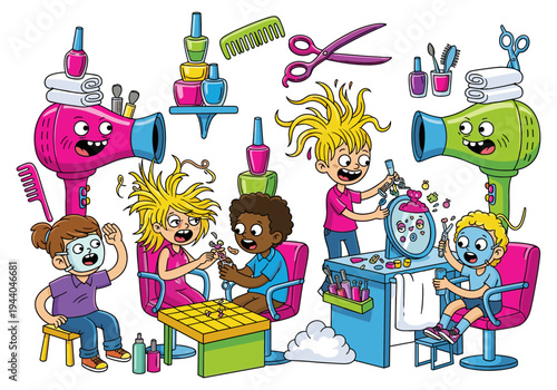 Children having fun at a cartoon beauty salon with playful hairdressers and makeup artists