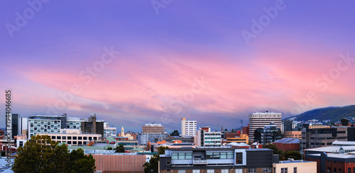Stormy sunset cloudscape over Hobart’s Central Business District in Tasmania, Australia. 