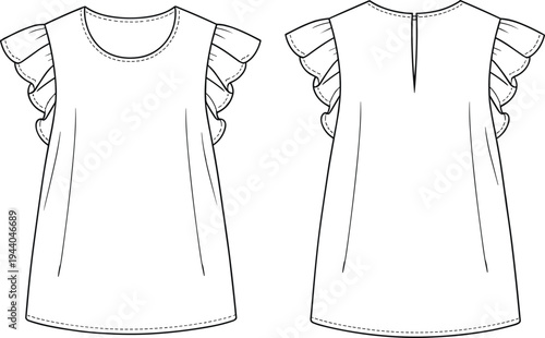 Flat fashion technical sketch of women's ruffle sleeve top, sleeveless blouse back and front view, CAD drawing vector illustration.