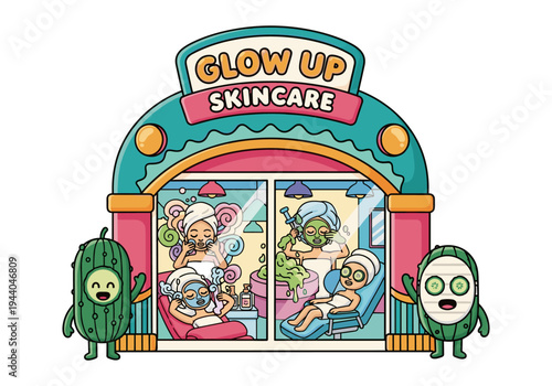 Cute cartoon skincare clinic with happy people enjoying facial treatments and cucumber eyes