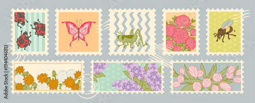 Set of postage stamps with floral spring motifs. Vector cartoon illustration of cute botanical cards, vintage postal frames with tulips, lilac, peony, butterfly, ladybug and grasshopper, mail stickers