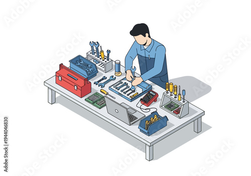 Man working on a workbench with various tools and equipment, including a laptop and multimeter