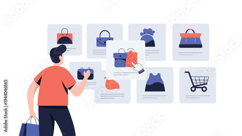 Man shopping online with smartphone and bags, surrounded by product images on a white background, in a graphic illustration with a mix of blue,
