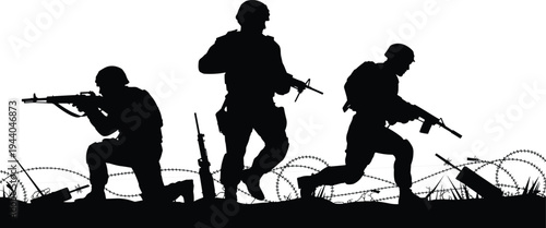 Silhouette of armed soldiers moving through battlefield with rifles and barbed wire isolated on white background representing military combat operations