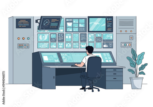 A Man Operates A Control Panel In A Room Full Of Monitors