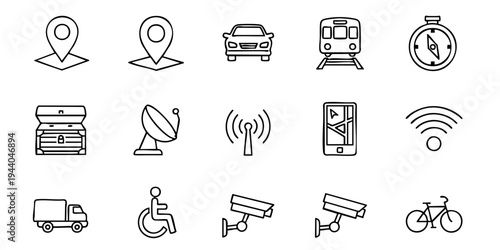 A collection of transportation and technology icons on a white background including location symbols.
