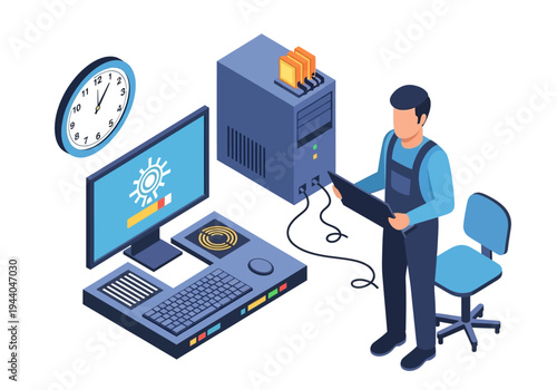 IT Support and Computer Repair Service Illustration - Technician Working on Server and Desktop Computer